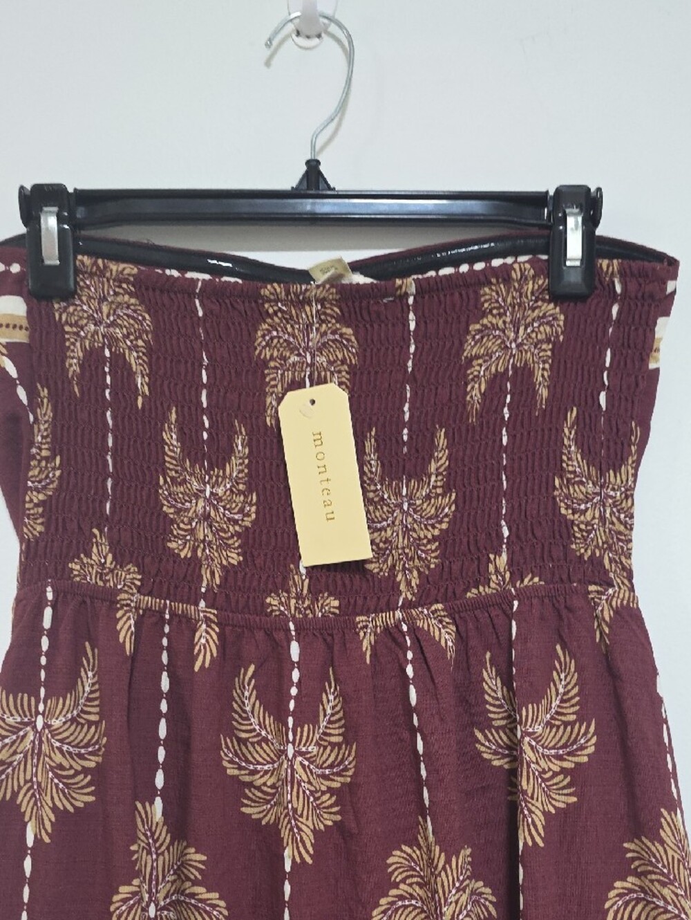 Monteau Strapless Midi Dress in Burgundy with Gold Palm Print - Picture 6 of 7